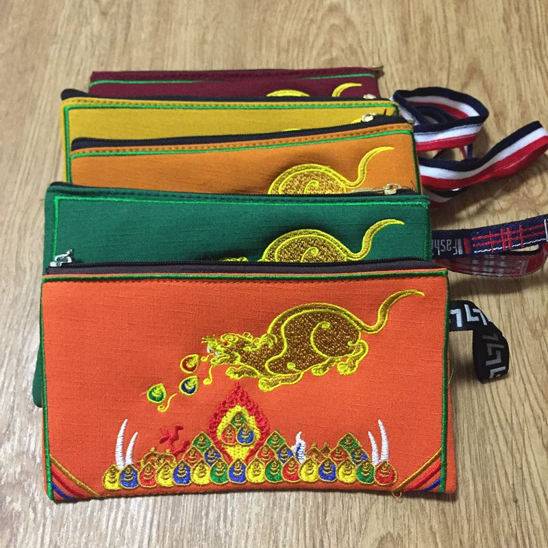 Tibetan Embroidered Canvas Wallet Large Capacity Double Layer Handheld Bag Card Bag Phone Bag Zipper Integrated Bag