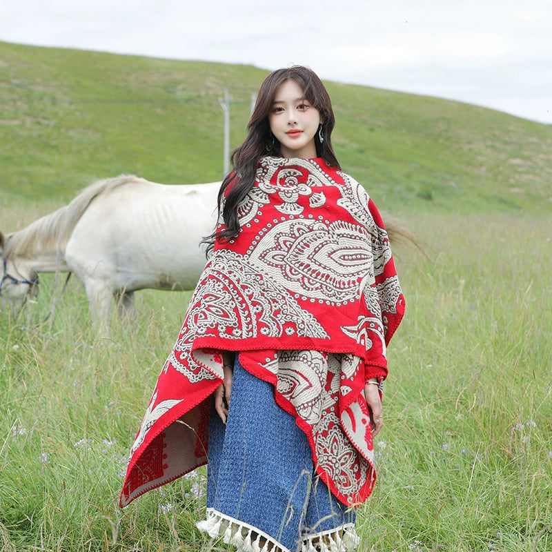 Tibetan Great Retro Totem Red Warm Outer Shawl Women's Scarf Autumn and Winter Cloak Big Cloak