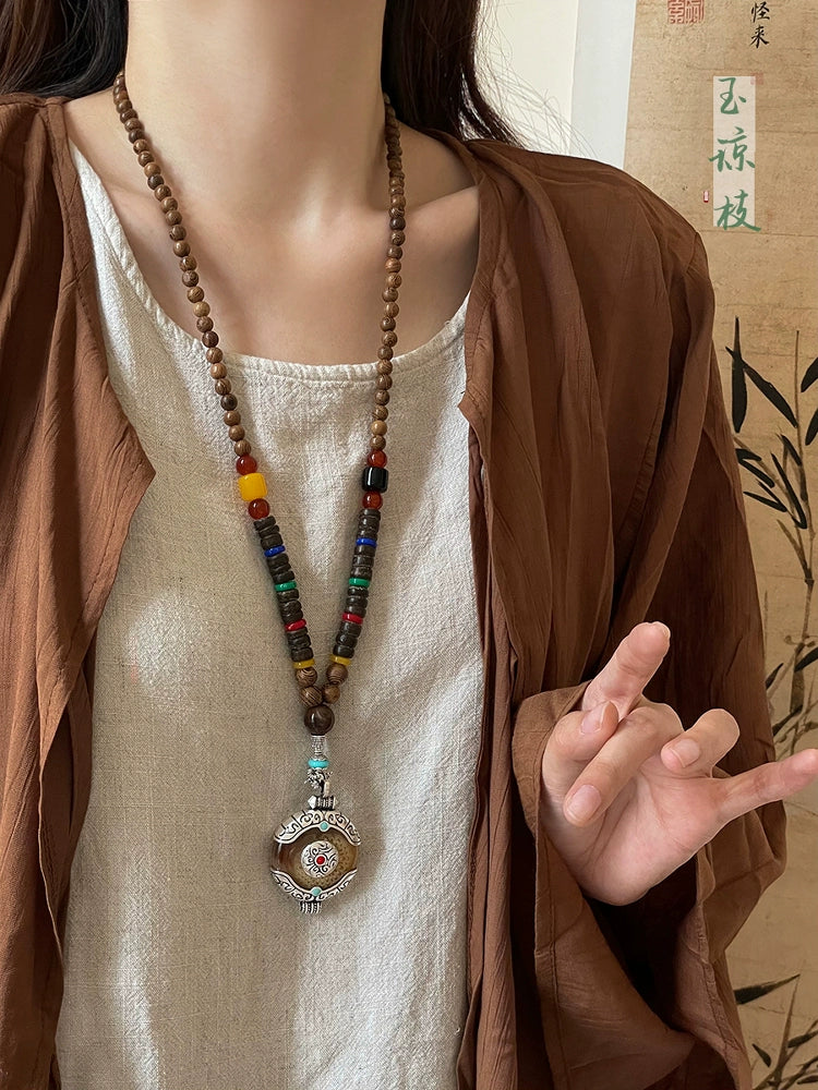 Ethnic Wood Buddha Bead Necklace Women's Tibetan Zen Retro Old Long Pendant Sweater Chain