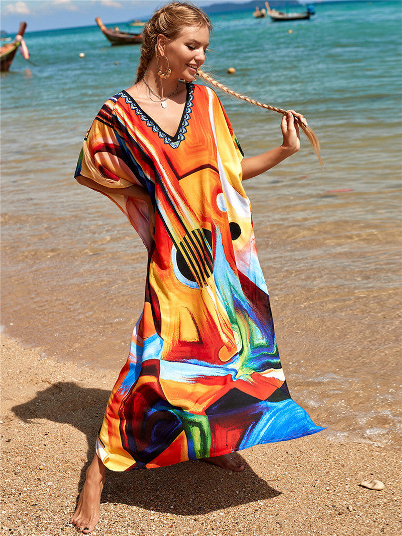 Hot Cotton Watermark Printed Beach Cover Up Robe Style Beach Vacation Sun Protection Bikini Cover Up