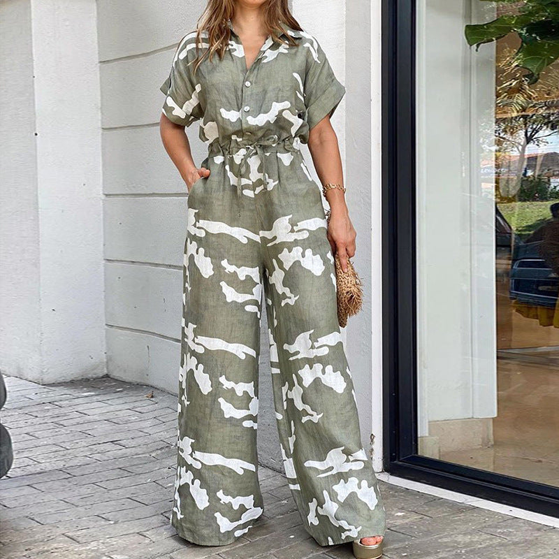 Summer Women's Wear Fashion Polo Print Button Lace Up Jumpsuit