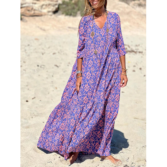 Early Autumn New Fashion V-neck Print Casual Beach Swing Dress