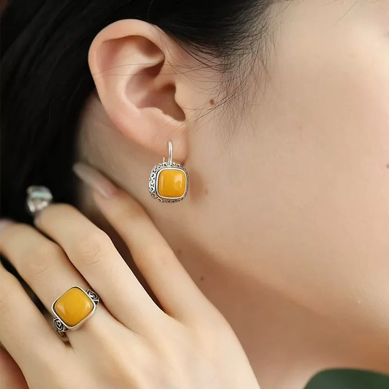 925 Silver Retro New Ethnic Style Chicken Oil Yellow Beeswax Square Ring Earrings Niche Design Premium