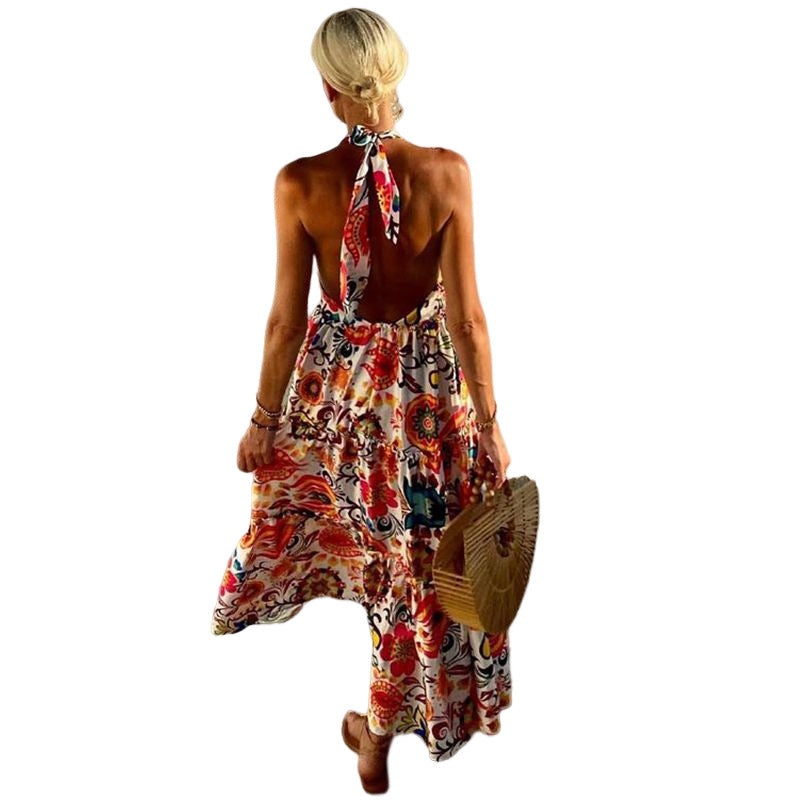 Summer New Style Fashion Deep V Halterneck Open Back Sleeveless Print Resort Beach Dress