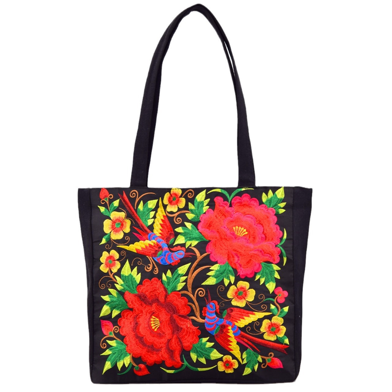 Ethnic Style Embroidered Shoulder Bag with Large Capacity Women's Tote Bag, Canvas, National Style Peony Handbag, Shopping Bag