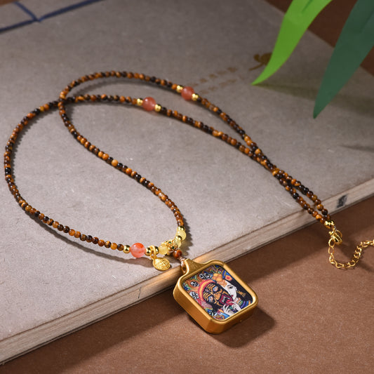 New Tibetan Natural Tiger's Eye Stone Necklace Tibetan Style Zakiram God of Wealth Thangka Pendant Collarbone Chain Simple Light Luxury Decoration