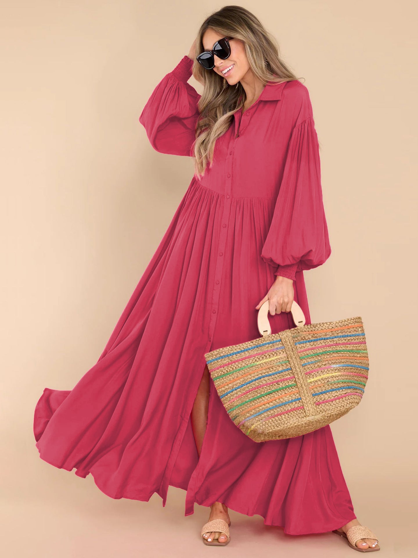 Autumn and Winter New Product Long Solid Color Dress Button Long Dress Loose Oversized Swing Skirt