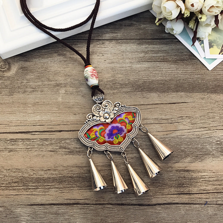 Retro Fashion Ethnic Embroidery Flower Necklace Tassel Pendant Sweater Chain