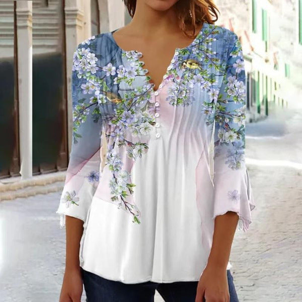 Spring and Summer Fashion New Women's Clothing Floral Printing V-neck Short-sleeved Pleated Button-up T-shirt Bottoming Shirt