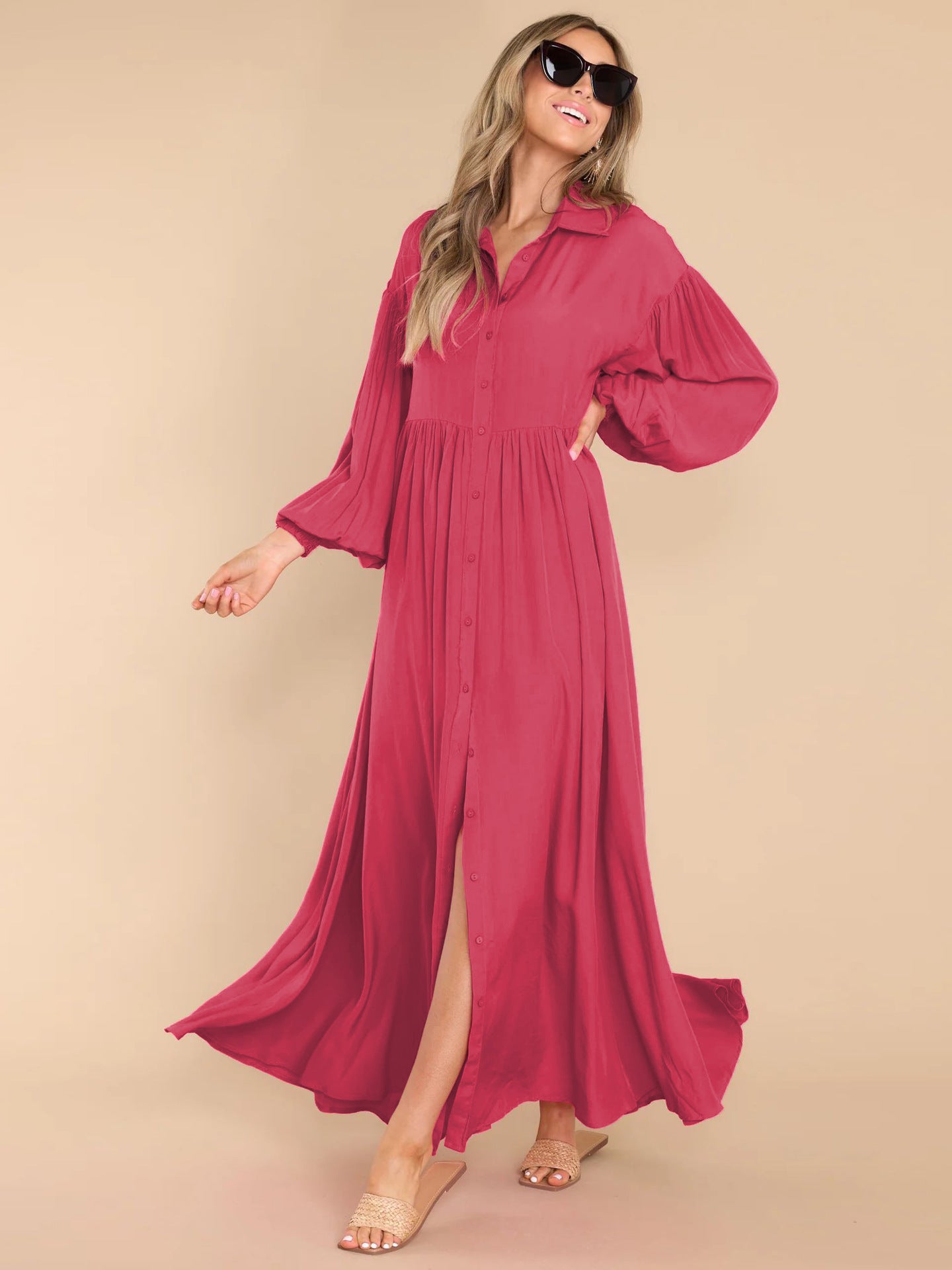 Autumn and Winter New Product Long Solid Color Dress Button Long Dress Loose Oversized Swing Skirt