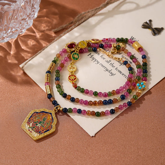 Light Luxury Colorful Tourmaline Beaded Necklace with A Sense of Luxury and Niche Design Neck Chain Enamel Color Pendant Vintage Sweater Necklace