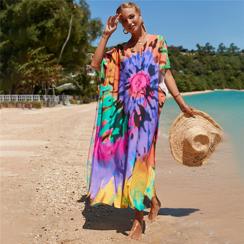 Hot Cotton Watermark Printed Beach Cover Up Robe Style Beach Vacation Sun Protection Bikini Cover Up