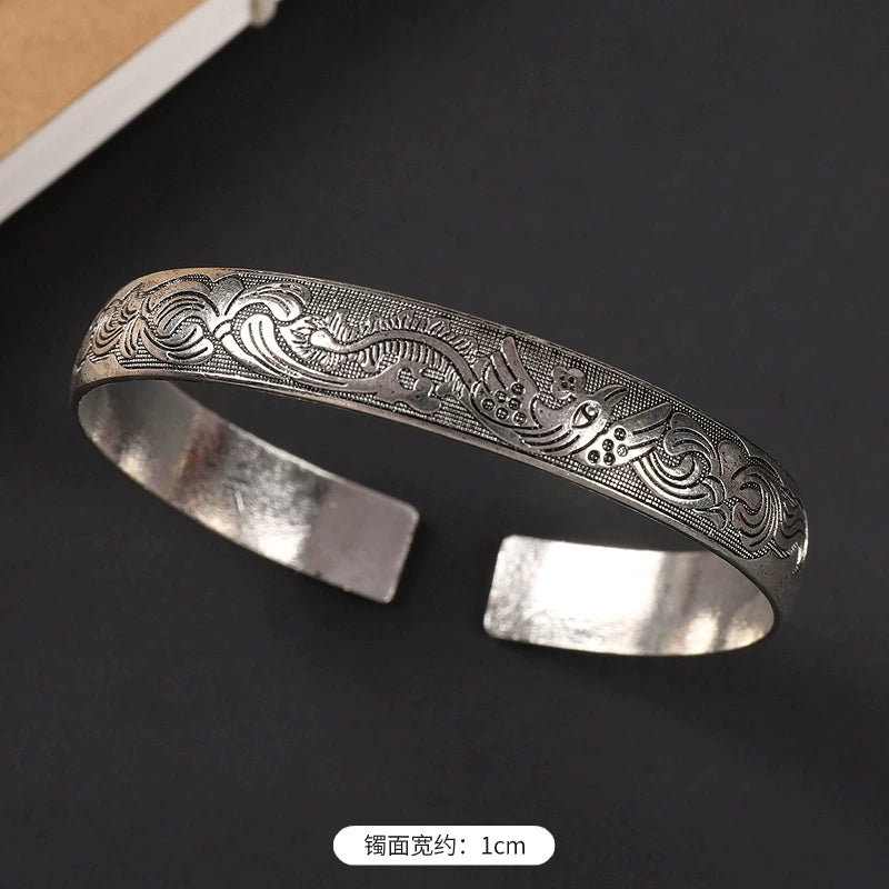 Handmade Miao Silver Old Bracelet Female Ethnic Style Retro Court Chinese Sculpture Ancient Silver Bracelet Personality Exotic Bracelet