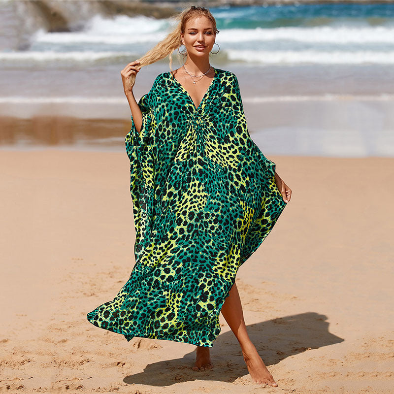 Printed Chest Knitted Beach Cover Up Loose Oversized Vacation Sun Protection Shirt Bikini Cover Up