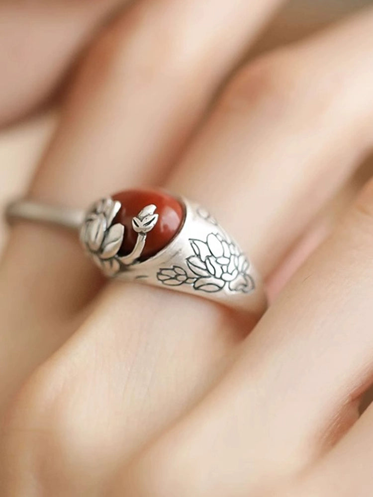 Agate Lotus S925 Silver Ring Women's 2024 New Niche Design Retro Style Index Finger Ring Mother's Day Gift