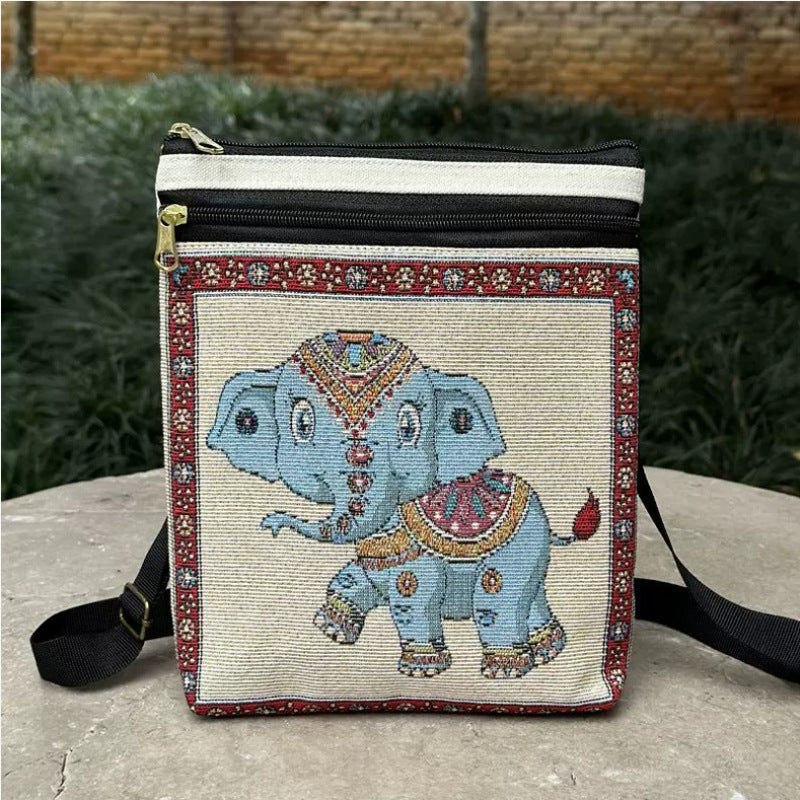 Woven Flower Cloth Bags, Retro Mobile Phone Change Bags, Two-layer Black Belts