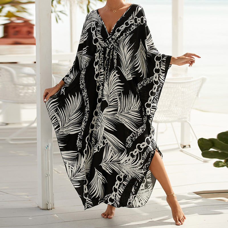 Summer Cotton Printed Beach Blouse Vacation Casual Bikini Sunscreen Beach Skirt