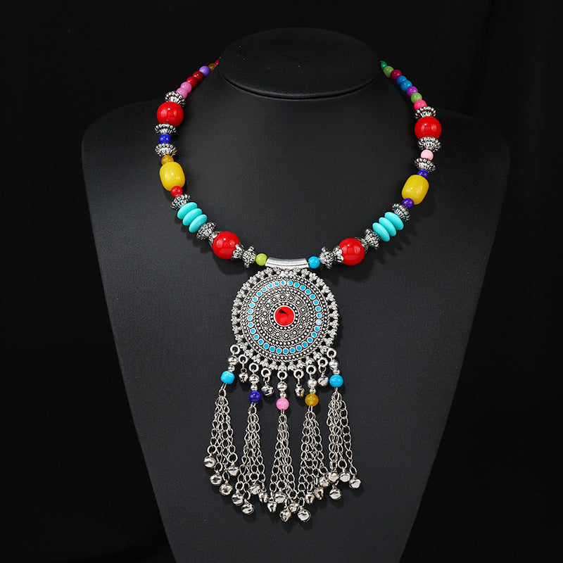 Retro Ethnic Tibetan Necklace Bell Tassel Colored Beaded Collar Sweater Chain Accessories