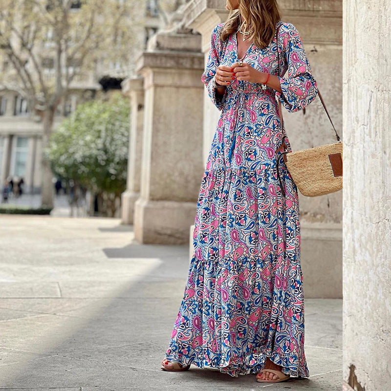 New Temperament V-neck Bohemian Print Swing Dress