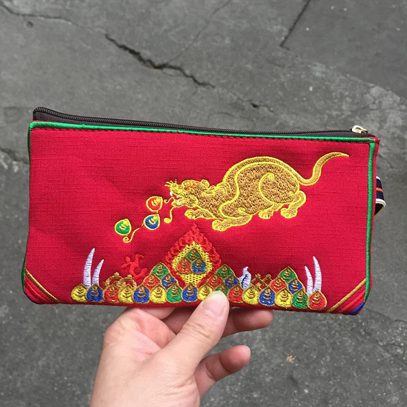 Tibetan Embroidered Canvas Wallet Large Capacity Double Layer Handheld Bag Card Bag Phone Bag Zipper Integrated Bag