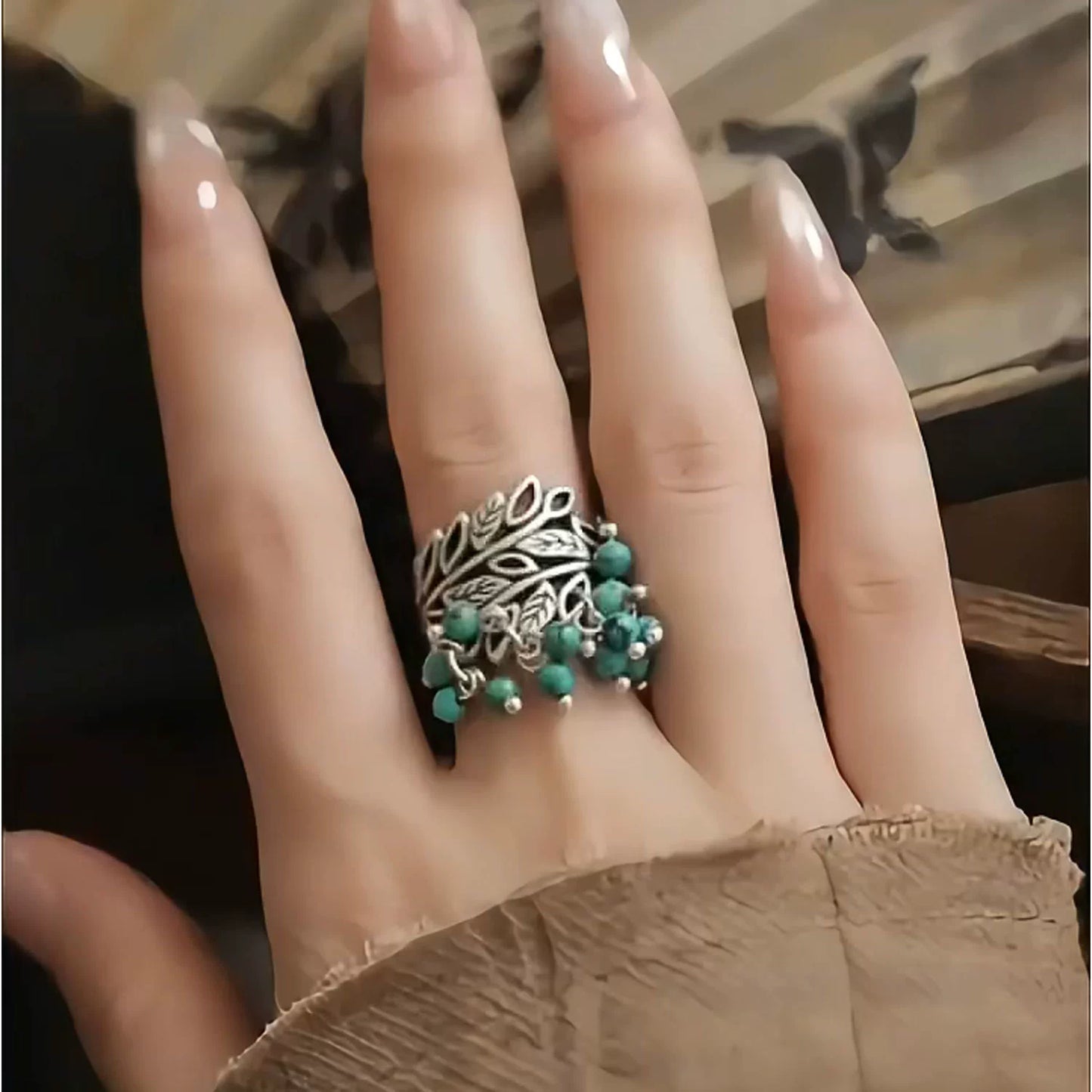 Silver New Retro Old Turquoise Fringed Ring Ethnic Style Tang Grass Flower Hollow Hammer Ring