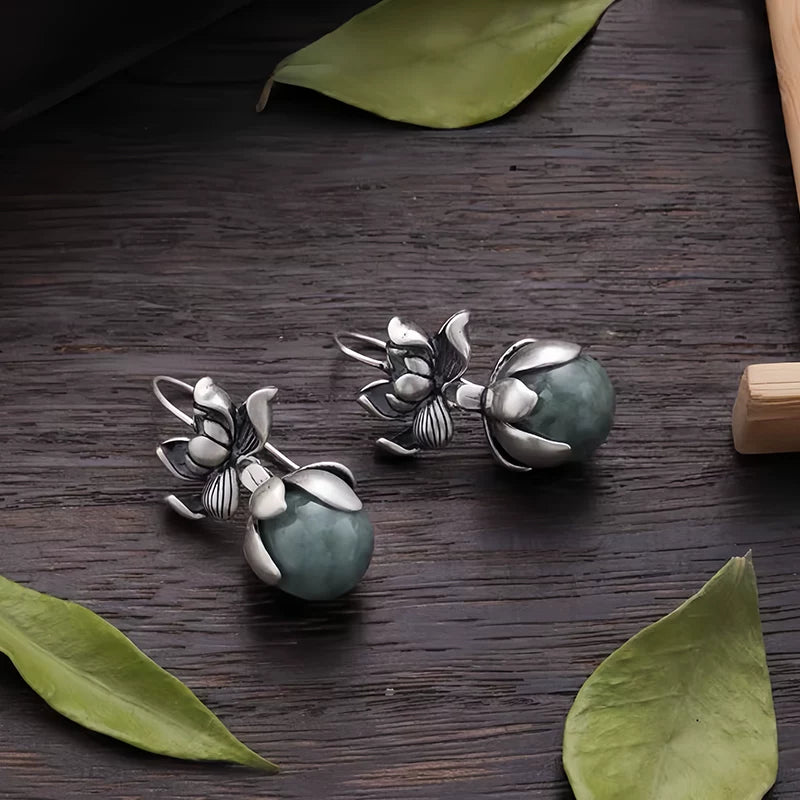 S925 Silver Good Things Lianlian Round Bead Earrings Women's Niche Design Sense Ethnic Style Lotus Anti-Allergy Earrings
