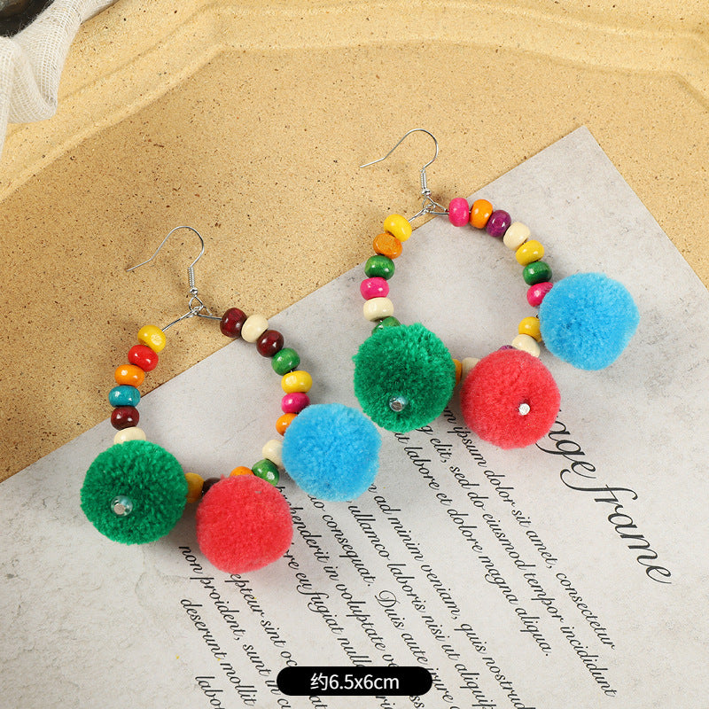 Ethnic Style Plush Ball Earrings Vintage Bohemian Long Personalized Colorful Plush Ball Earrings Holiday Tassel Earrings