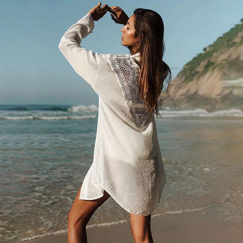 Lace Spell Bamboo Shirt Beach Blouse Sexy Hollow Sunscreen Bikini Blouse Cover Up