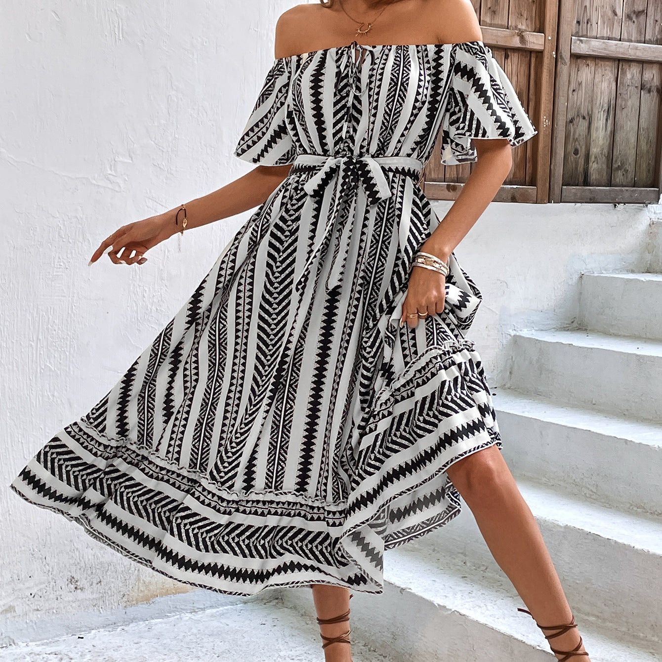 Bohemian Off Shoulder High Waist Lace up Casual Stripe Plaid Dress