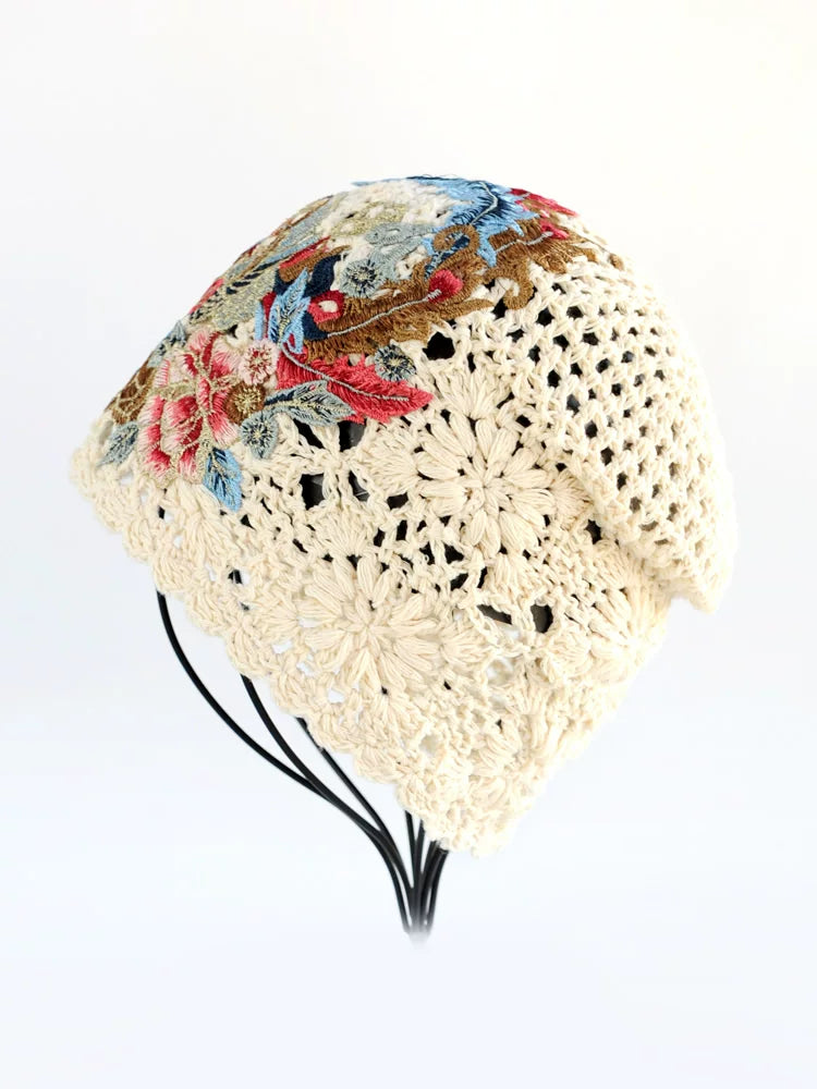 Ethnic Style Phoenix Embroidery Women's Headscarf Cover White Autumn Hat Hollow Knitting Heap Headscarf Woven Hat