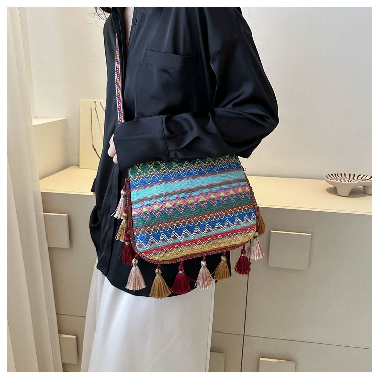 Small Fresh Ethnic Style Crossbody Bag for Women's New Fashion Versatile Wide Shoulder Strap Single Shoulder Bag Tassel Bucket Bag