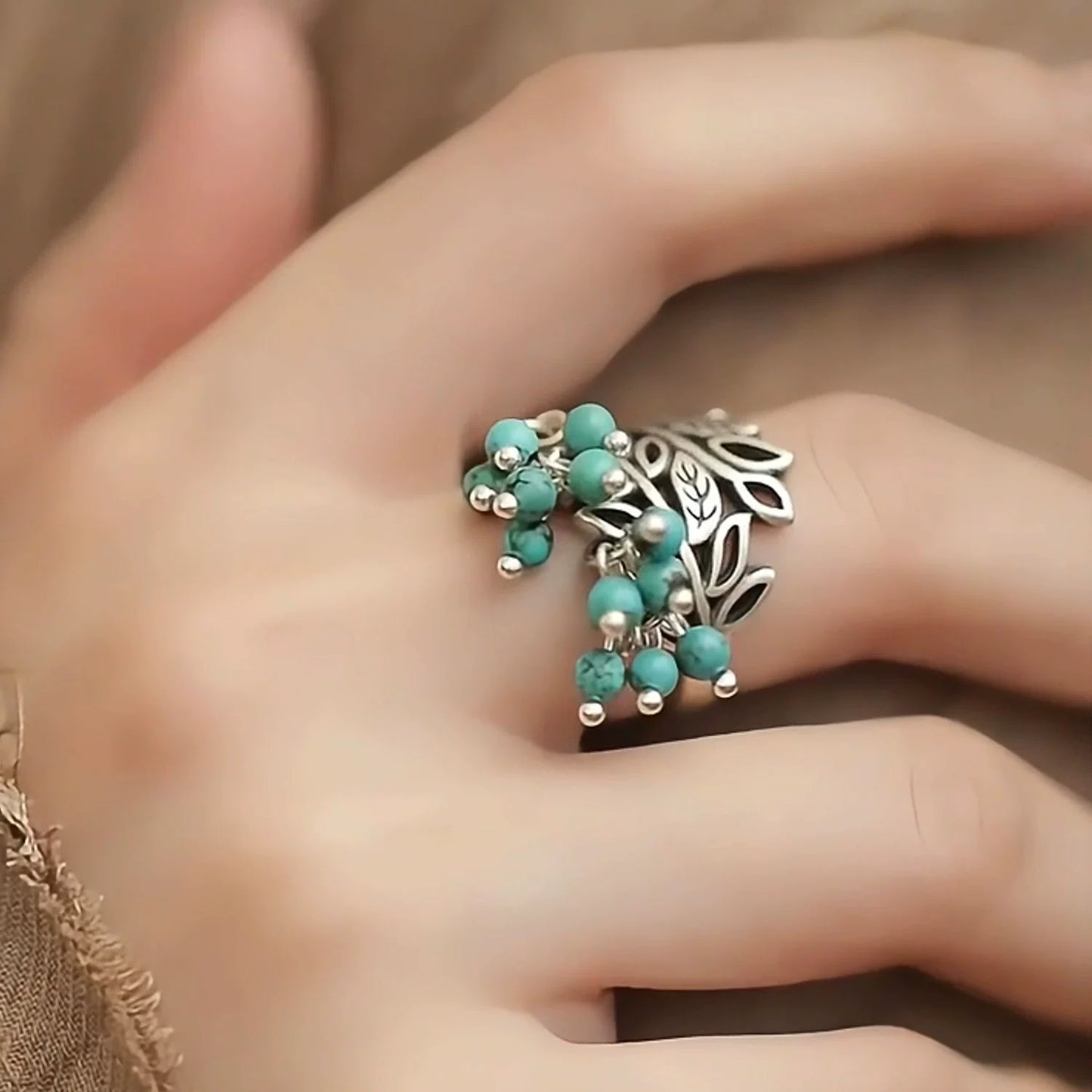Silver New Retro Old Turquoise Fringed Ring Ethnic Style Tang Grass Flower Hollow Hammer Ring