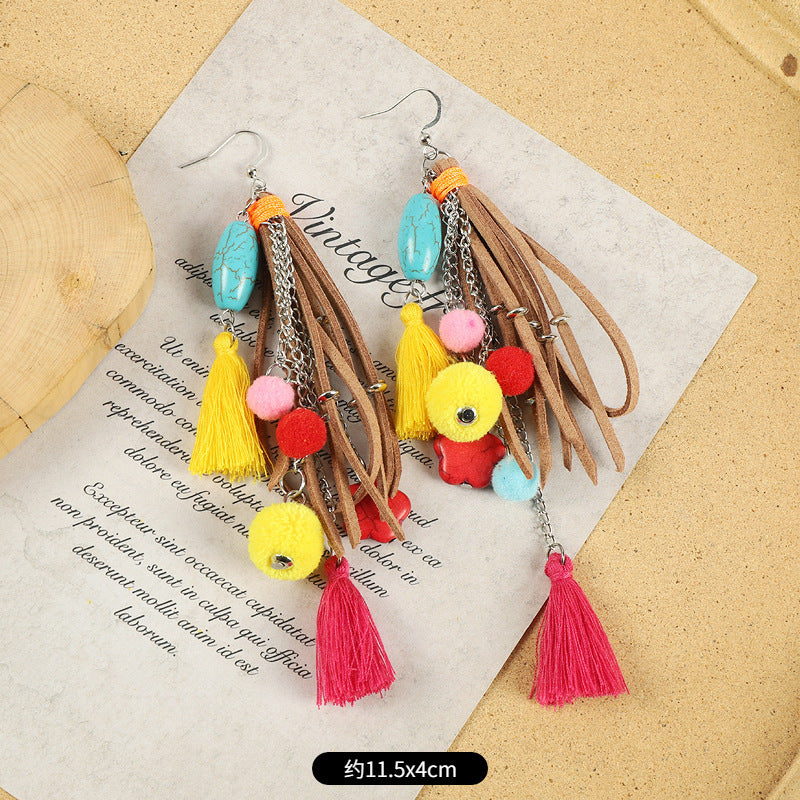 Ethnic Style Plush Ball Earrings Vintage Bohemian Long Personalized Colorful Plush Ball Earrings Holiday Tassel Earrings