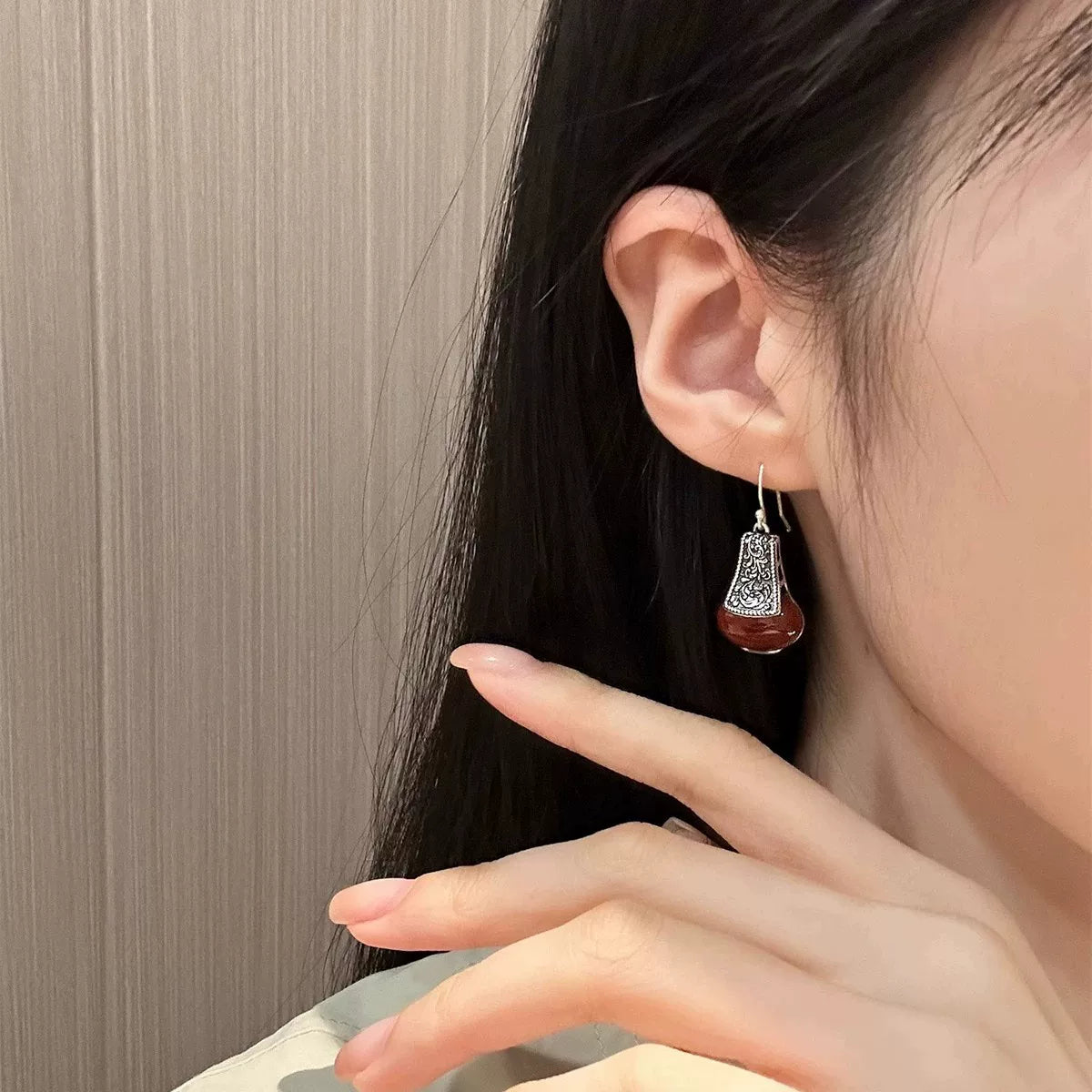 925 Silver Retro Tang Grass Pattern Red Lantern Agate Earrings Ear Hook Water Bottle Ethnic Style Niche High Sense