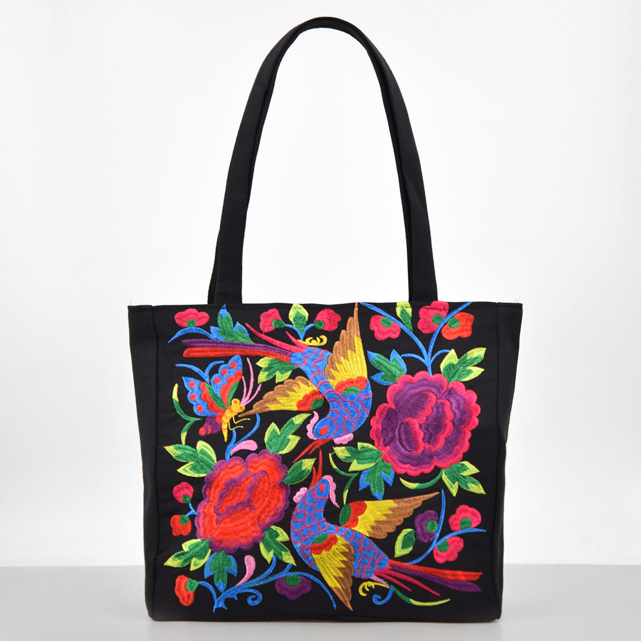 Ethnic Style Embroidered Shoulder Bag with Large Capacity Women's Tote Bag, Canvas, National Style Peony Handbag, Shopping Bag