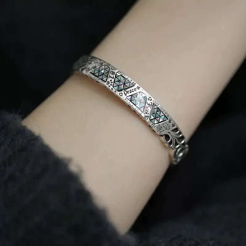 925 Silver Retro New Color Shell Geometric Graffiti Opening Bracelet Totem Enamel Old Female Niche Design
