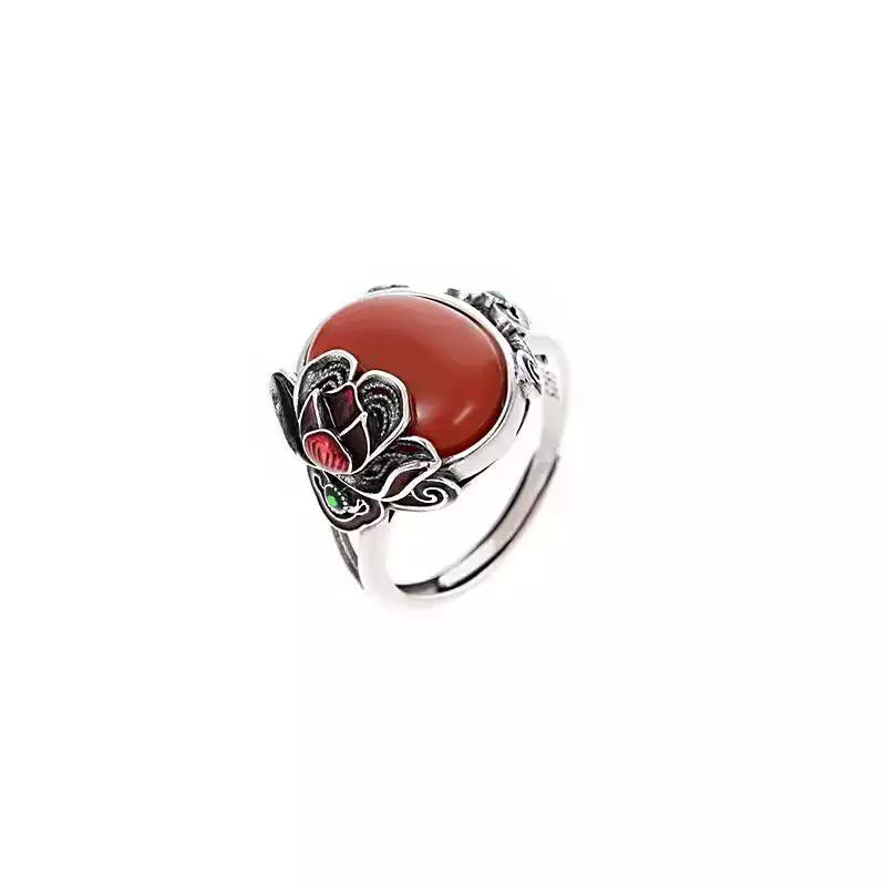 Nanhong Agate Rose S925 Silver Ring Women's 2026 New Popular Niche Design Ethnic Style Index Finger Ring