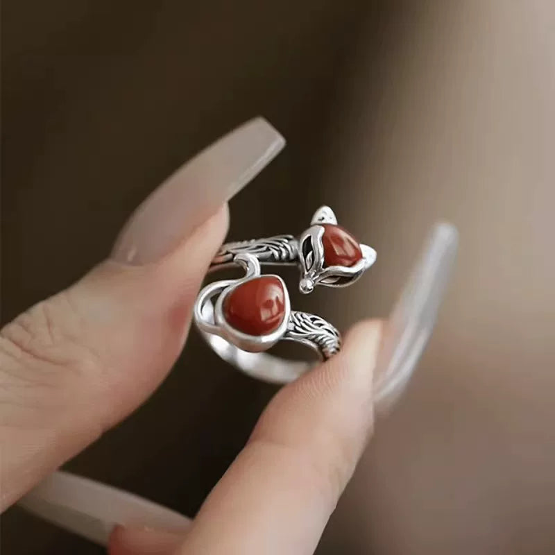 925 Silver Retro Ethnic Style Fox Ring Opening Adjustment Old Versatile Simple Jewelry