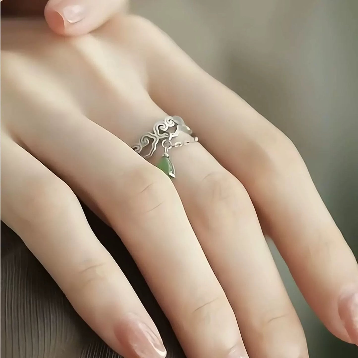 Jasper Water Drop Ring 925 Silver Women's Niche High-end Light Luxury Love Hollow Flower Carving Open Index Finger Ring