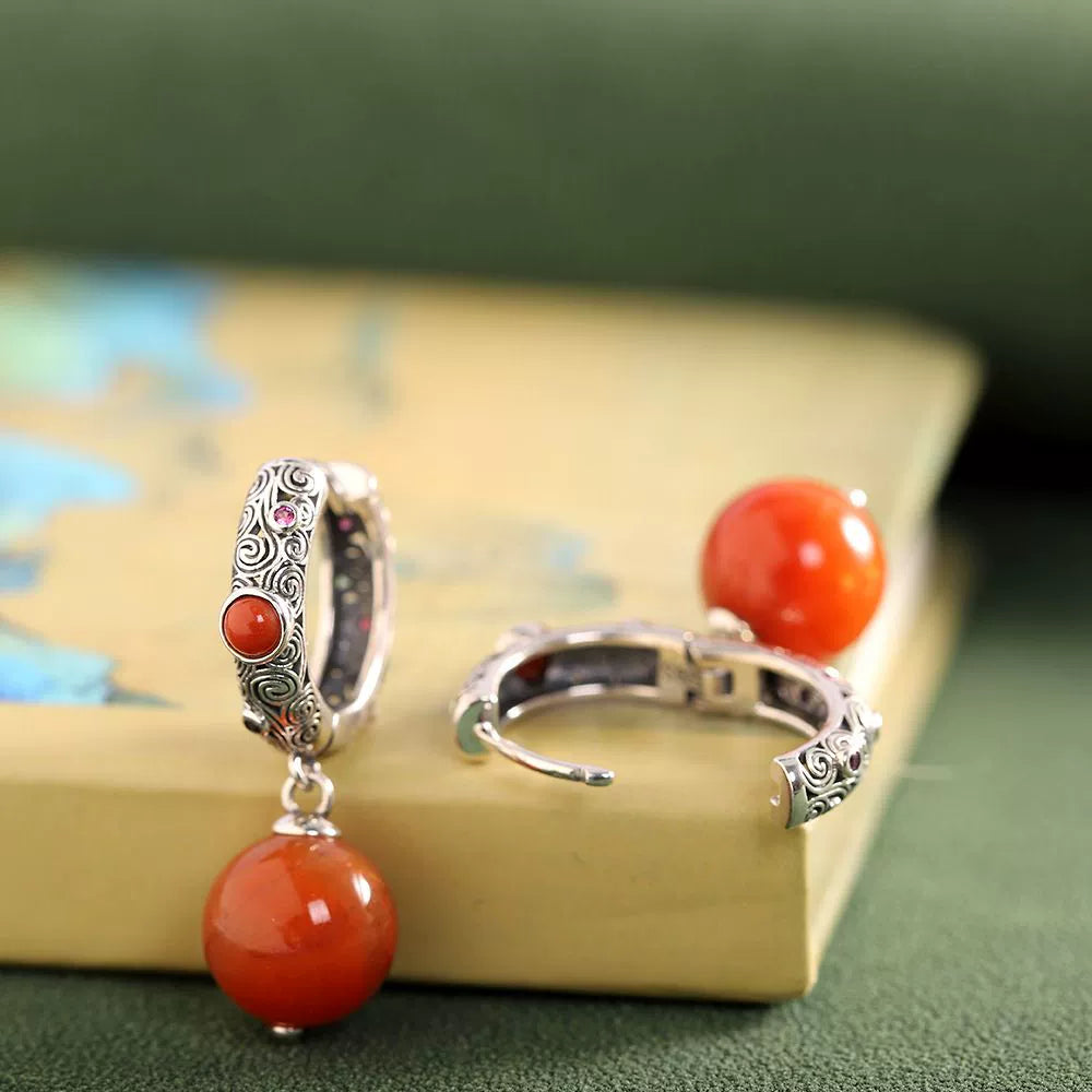 Ethnic Style Retro Classic Earrings with Red Beads Earrings Hollow Out Old Women's Temperament Ear Jewelry