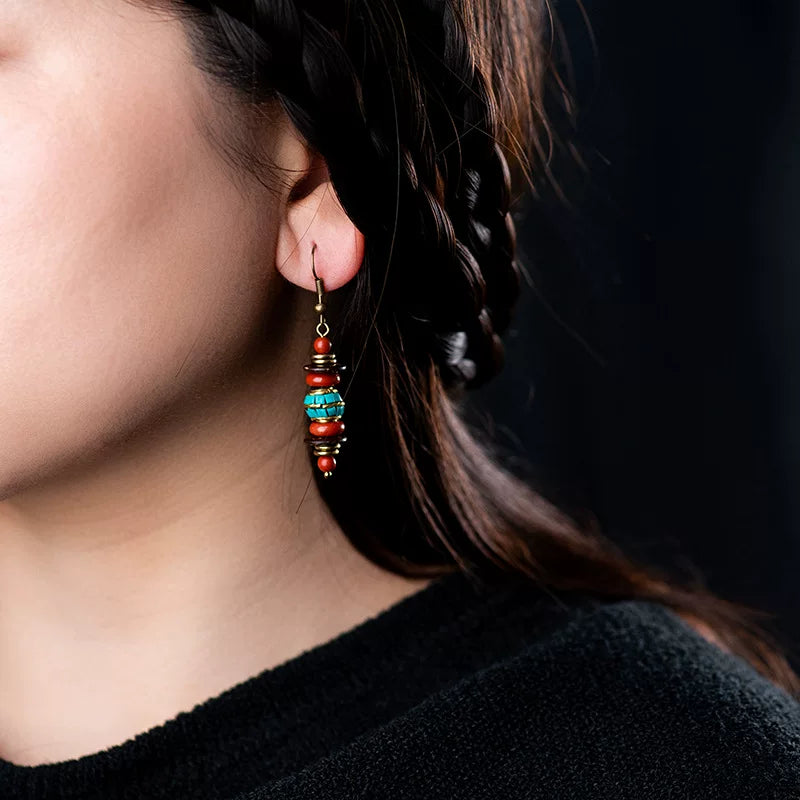 Retro Ethnic Style Nepalese Earrings, Natural Red Stone Earrings, Simple and Atmospheric Versatile Tibetan Niche Design Earrings