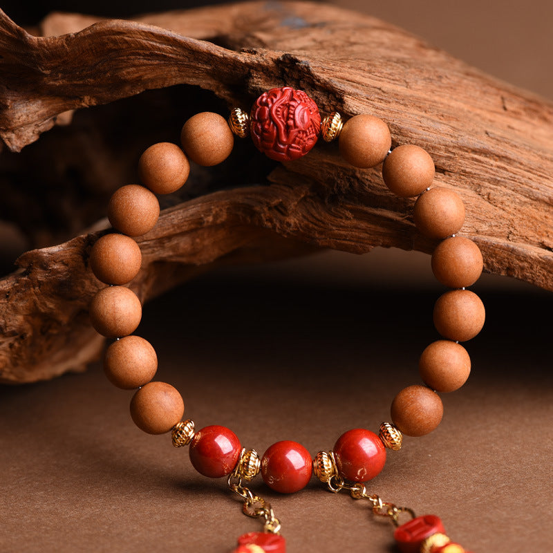 Handwoven Peach Wood Old Mountain Sandalwood Emperor Sand Vermilion Sand Handstring Female National Style Bead Handstring Buddha Bead Handchain Bracelet