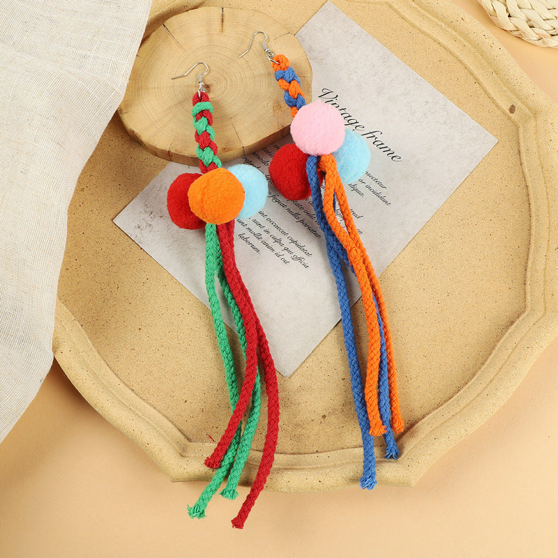 Ethnic Style Plush Ball Earrings Vintage Bohemian Long Personalized Colorful Plush Ball Earrings Holiday Tassel Earrings