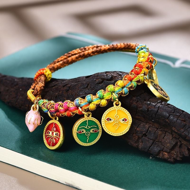 Tibetan Handmade Rope Tangka Handwoven Colorful Rope Five Gods of Wealth Bracelet