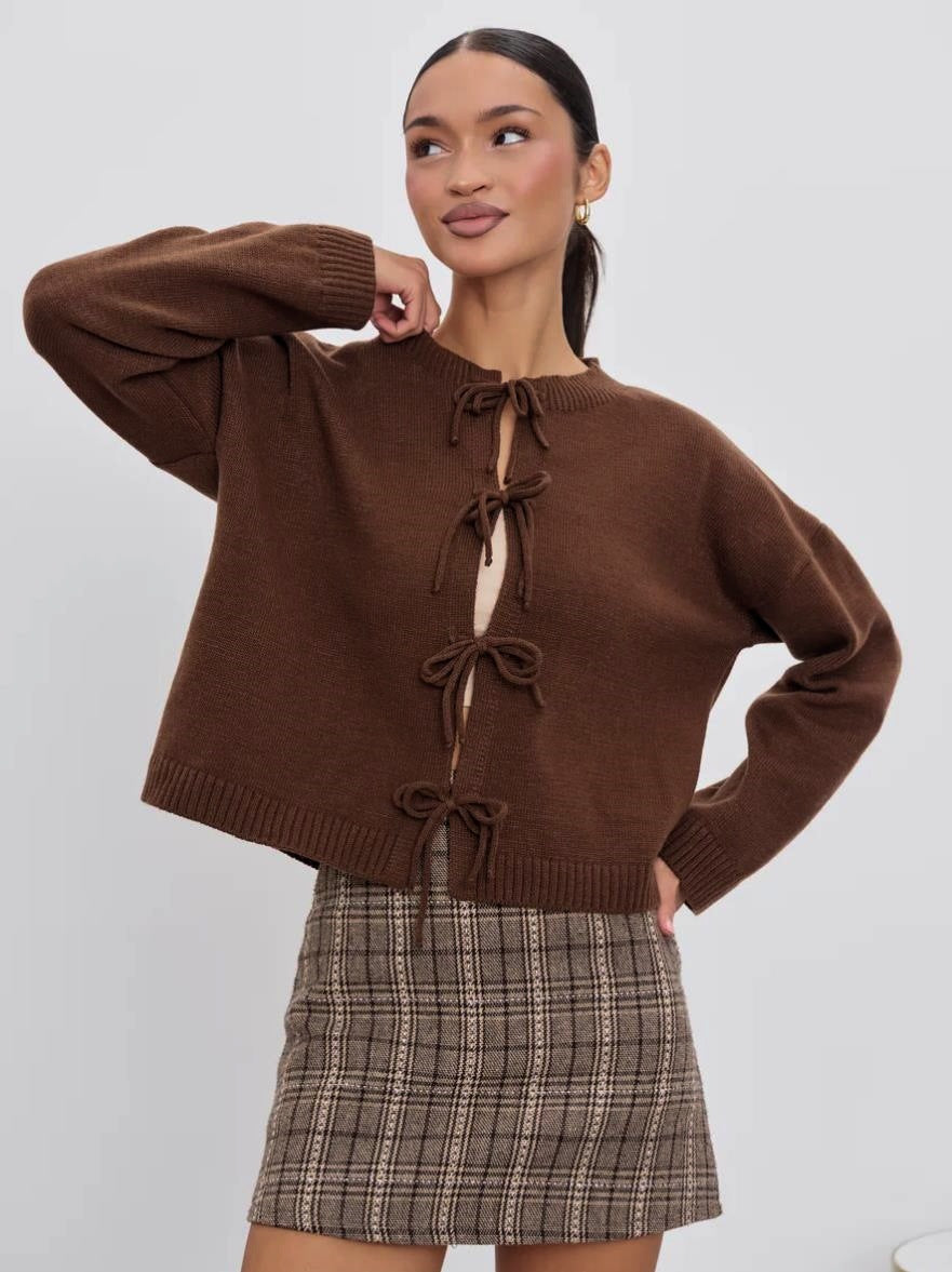 Autumn and Winter Casual Loose Cardigan Lace-up Solid Color Knitted Sweater Women