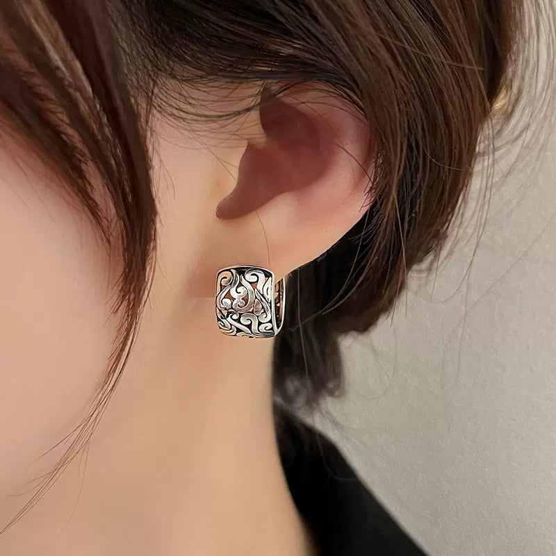 Cloud Ear Buckle Tibetan Style Retro Old Thai Silver Tang Grass Pattern Earrings