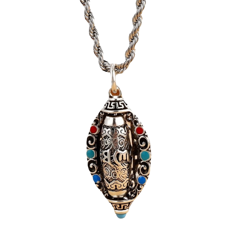 S925 Silver-plated Rotating Six-character Mantra Sutra Pendant, Men's and Women's Tibetan Style Retro and Old Necklace