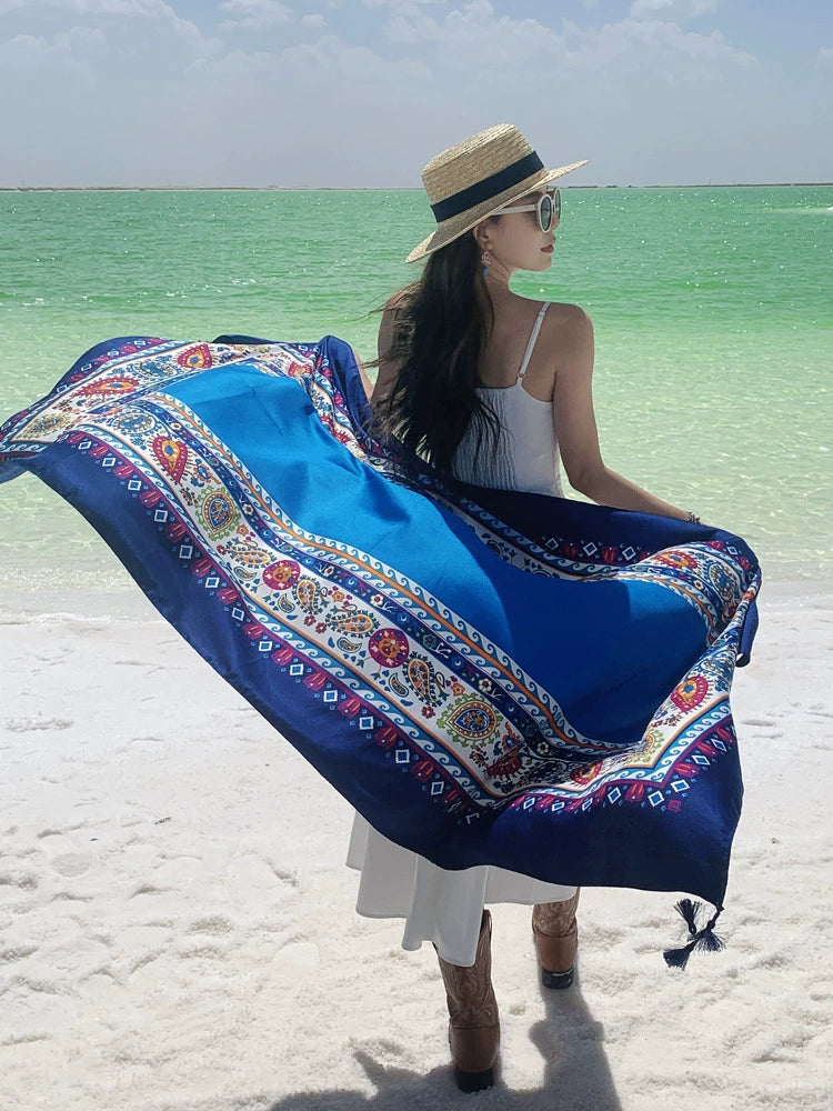 Ethnic Style Shawl Blue Seaside Beach Towel Thin Silk Scarf