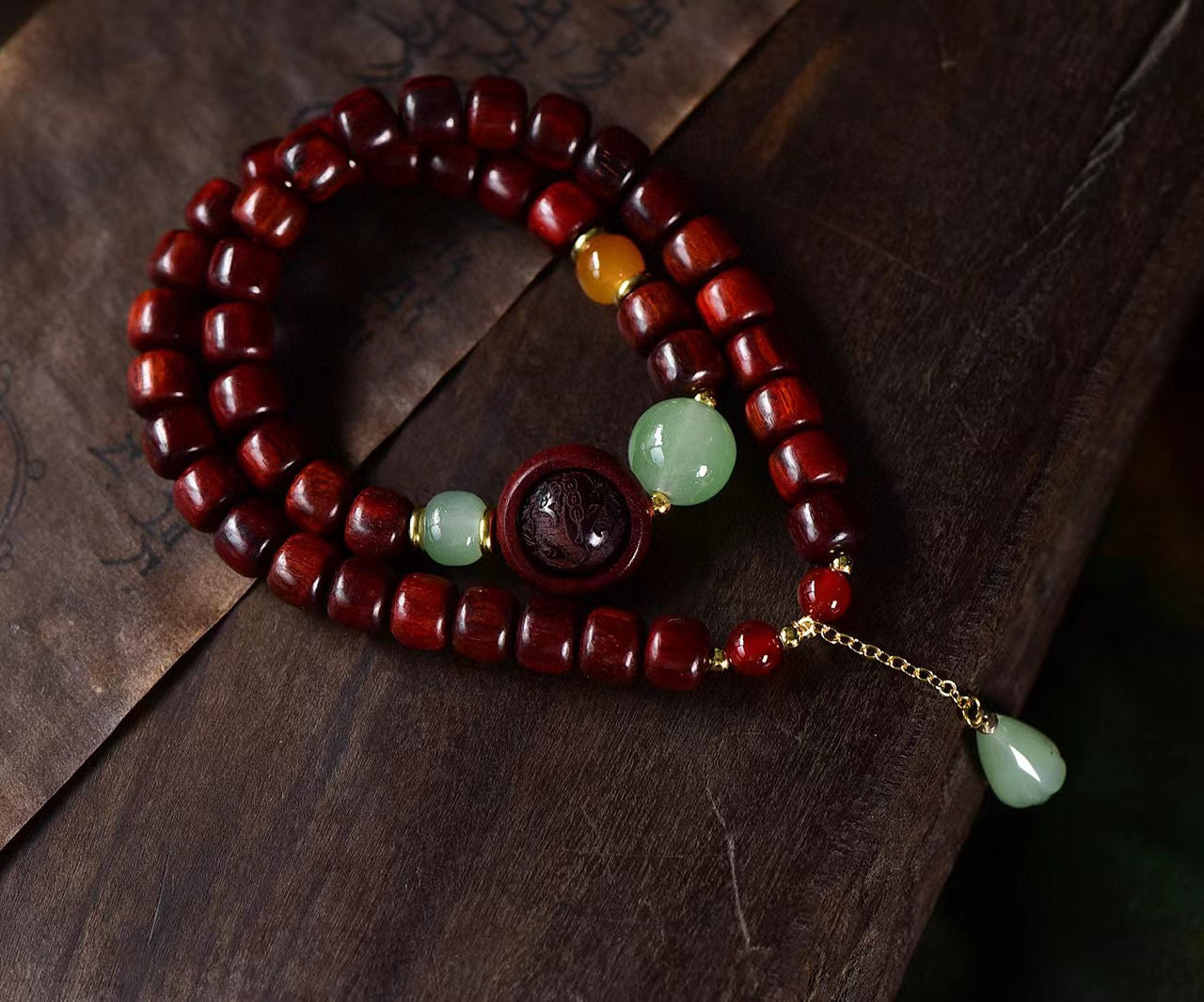 Small Leaf Red Sandalwood Two Loop Bracelet with Small Leaf Carved Beads and Jade Chalcedony Beads