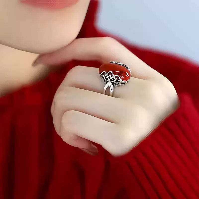 Nanhong Agate Rose S925 Silver Ring Women's 2026 New Popular Niche Design Ethnic Style Index Finger Ring